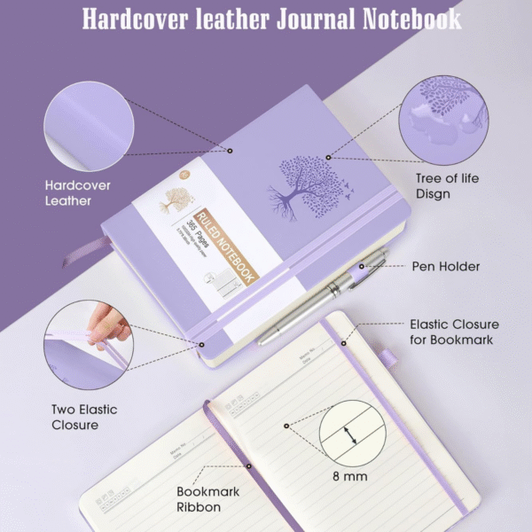 Leather Journals ruled 365 Pages A5, Pink Hardcover for Women, Men, Note Taking, Writing, 5.75'' X 8.38'' Purple